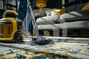 Low Section Of A Person Cleaning The Carpet With Vacuum Cleaner In Living Room