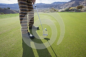 Low section of senior male golfer playing at golf course