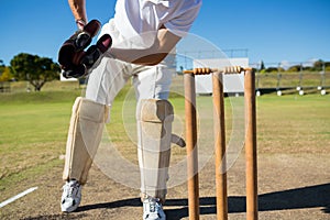 Low section of wicket keeper standing by stumps during match