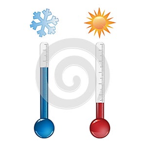 Low-temperature and high-temperature signs. Hot and cold thermometers isolated on white background