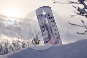 Low temperature thermometer in the snow in Celsius or Fahrenheit