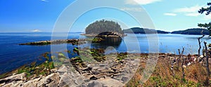 Gulf Islands National Park Landscape Panorama of Georgeson Island from Campbell Point on Mayne Island, British Columbia