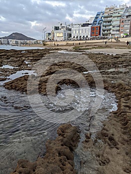 Low tide on Las Canteras beach in Las Palmas de Gran Canaria in Spain