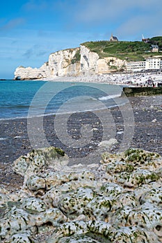 Low tide period and view on ocean bed and chalk cliffs of Porte d`Aval arch in Etretat, Normandy, France. Tourists destination photo