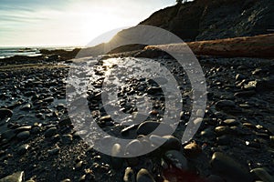 Low tide tide pools exposed at sunset