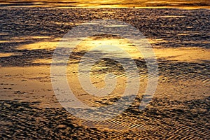 Wet sand ripples with tidal water in golden sunset light photo