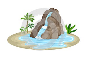 Low Tropical Waterfall with Rocky Stone Bounds Rested on Green Island Spot Vector Illustration