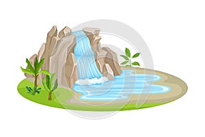 Low Tropical Waterfall with Rocky Stone Bounds Rested on Green Island Spot Vector Illustration