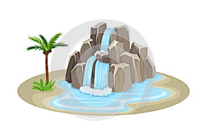 Low Tropical Waterfall with Rocky Stone Bounds Rested on Green Island Spot Vector Illustration