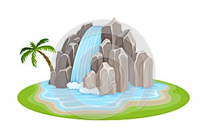 Low Tropical Waterfall with Rocky Stone Bounds Rested on Green Island Spot Vector Illustration