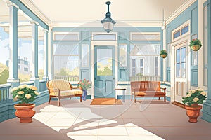 low viewpoint shot of a large colonial revival porch with fanlight, magazine style illustration