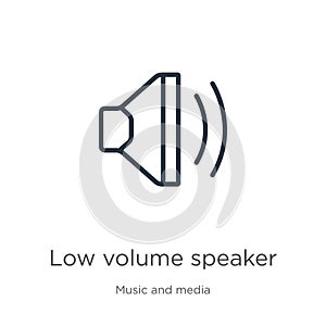 Low volume speaker icon. Thin linear low volume speaker outline icon isolated on white background from music and media collection