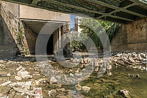 Low water in Regensburg and dry water channel on the Danube, Germany