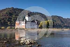 Low water in the Rhine river at Pfalzgrafenstein