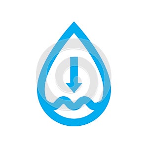 Low water supply level icon. Blue water drop shortage symbol