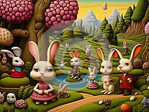 Lowbrow claymation style of a fantasy island with the cute rabbits and amazing view of landscape, animal creatures, cinematic