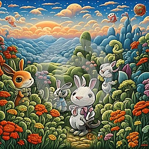 Lowbrow style of fantasy landscape with adorable rabbits on foreground, cinematic, animal, flowers, cute, t-shirt prints