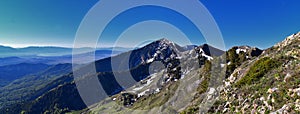 Lowe Peak views of Oquirrh range toward Tooele and the Great Salt Lake by Rio Tinto Bingham Copper Mine, in spring. Utah. United S