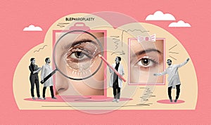 Lower blepharoplasty of eyelid, before and after. Plastic eyelid surgery. plastic surgery procedures. Doctor evaluates