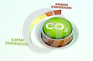 Lower CO2 emissions to limit global warming and climate change. Concept with knob to reduce levels of CO2