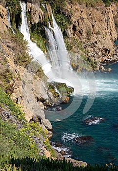 Lower Duden waterfall flowing into the Mediterranean Sea in Antalya Turkey