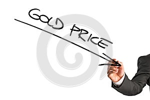 Lower gold price theme with arrow and text