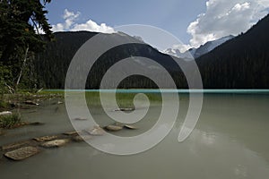 Lower Joffre Lake, BC, with stone pathway and mountains