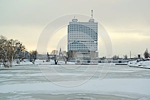 The Lower Lake and the House of Soviets in the winter twilight. Kaliningrad