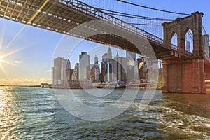 Lower Manhattan and Brooklyn bridge from Hudson river in New York City, New York