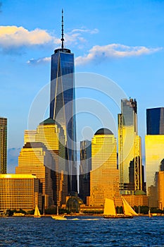 Lower Manhattan buildings and Hudson River taken from Yersey City during sunset, New York City