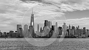 Lower Manhattan city skyline is shown in black and white