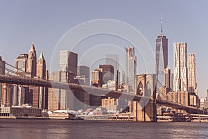 Lower Manhattan Downtown skyline panorama from Brooklyn Bridge Park riverbank, New York City, USA