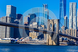 Lower Manhattan Downtown skyline panorama from Brooklyn Bridge Park riverbank, New York City, USA