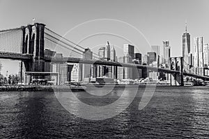 Lower Manhattan Downtown skyline panorama from Brooklyn Bridge Park riverbank, New York City, USA