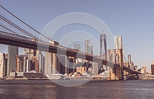 Lower Manhattan Downtown skyline panorama from Brooklyn Bridge Park riverbank, New York City, USA