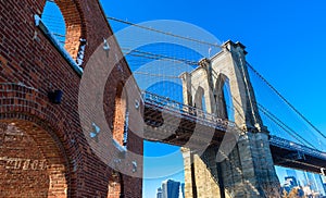 Lower Manhattan Downtown skyline panorama from Brooklyn Bridge Park riverbank, New York City, USA