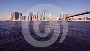 Lower Manhattan Downtown skyline panorama from Brooklyn Bridge Park riverbank, New York City, USA