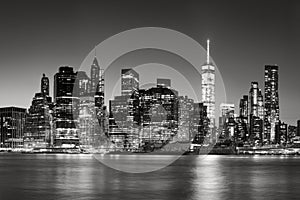 Lower Manhattan Financial District skyline at dusk, New York City