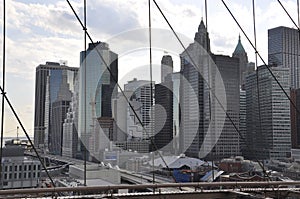 Lower Manhattan panorama from Brooklyn Bridge over East River from New York City in United States