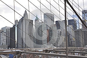 Lower Manhattan panorama from Brooklyn Bridge over East River from New York City in United States