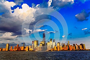 Lower Manhattan panorama and Hudson River taken from Yersey City during sunset, New York City