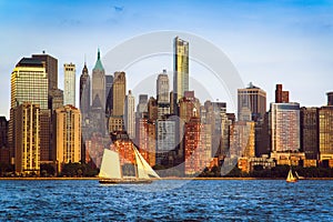 Lower Manhattan panorama and Hudson River taken from Yersey City during sunset, New York City