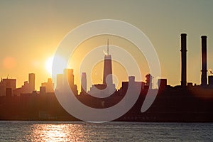 Lower Manhattan Skyline on the East River in New York City during Sunset