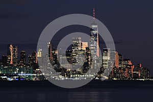 Lower Manhattan skyline at night in New York City