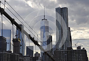 Lower Manhattan towers view from Brooklyn Bridge over East River from New York City in United States