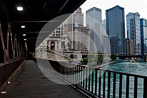 Lower Michigan Avenue Bridge with view of Chicago River in downtown Chicago Loop.