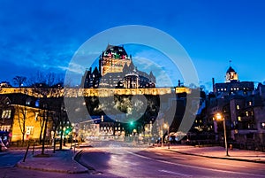 Lower Old Town Basse-Ville and Frontenac Castle at night - Quebec City, Canada