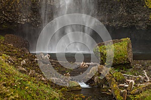 The lower part of the first level of the Multnomah waterfall located at Multnomah Creek in the Columbia River Gorge