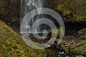 Lower part of the first level of the Multnomah waterfall located at Multnomah Creek in the Columbia River Gorge