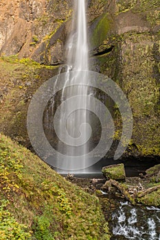 The lower part of the first level of the Multnomah waterfall located at Multnomah Creek in the Columbia River Gorge